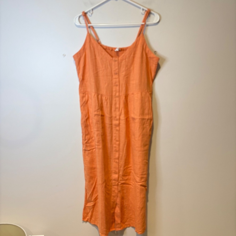 Splendid Orange Linen Blend Button Front Midi Dress L Linen Viscose Smocked Back